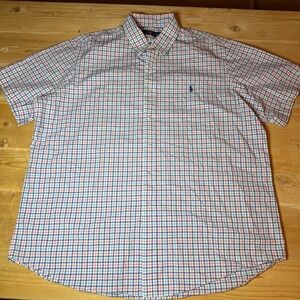 Ralph Lauren Mens XXL Short Sleeve Button Down Shirt Blue Pink Plaid Check Pony